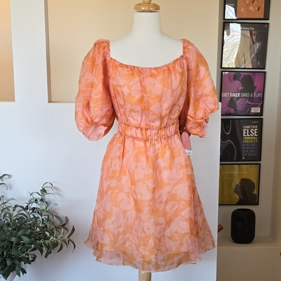 🏷️ARULA 'C' Orange Pink Floral Puff Sleeve Organza Fit Flare Mini Dress 3X - Picture 12 of 12